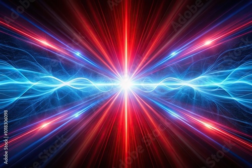 Abstract plasma beams shockwave in space with leading lines in blue and red colors