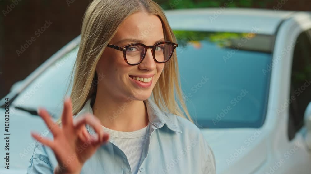 Happy Caucasian woman show okay like gesture good smile car auto girl female businesswoman test drive driver ok transport owner rent service positive hand sign approve alright yes recommend fingers Happy Caucasian woman show okay like gesture good smile car auto girl female businesswoman test drive driver ok transport owner rent service positive hand sign approve alright yes recommend fingers