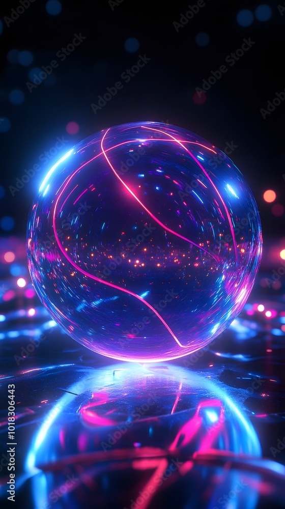 A glowing blue energy sphere with pink, red and purple highlights on a black background A glowing blue energy sphere with pink, red and purple highlights on a black background