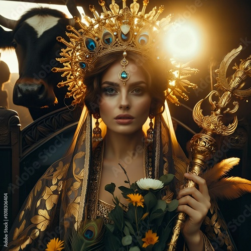 Hera, the queen goddess of marriage, woman and childbirth in golden robes, holding a scepter. Ancient Greek Mythology. A peacock with colorful feathers. Flowers - nature's blessing. Cow. Generative AI