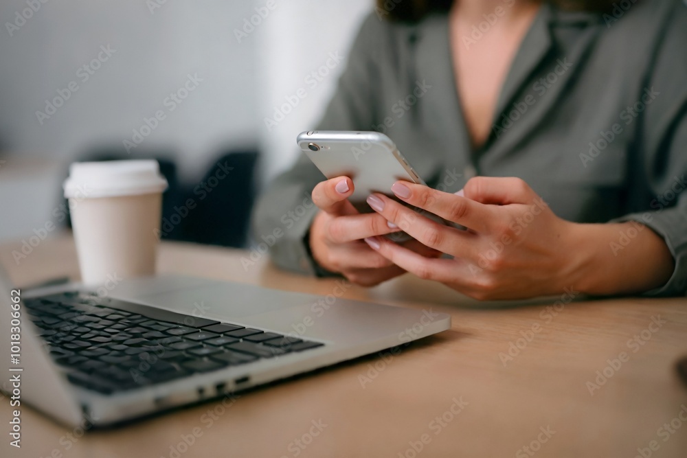 Fototapeta premium Person using smartphone beside laptop and coffee cup on desk.