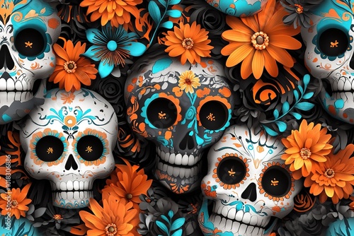 Day of Dead, Dia de los Muertos fiesta, skeleton in Mexican costumes and sombrero, play music and dance