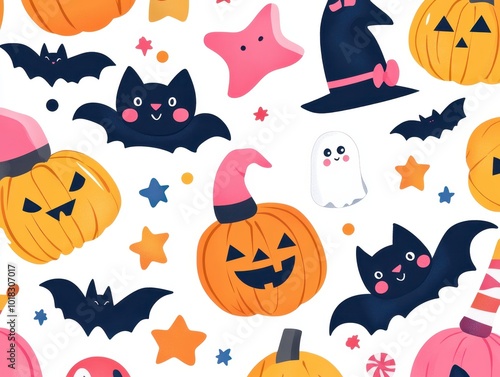 Colorful Halloween Pattern with Pumpkins, Bats, and Stars