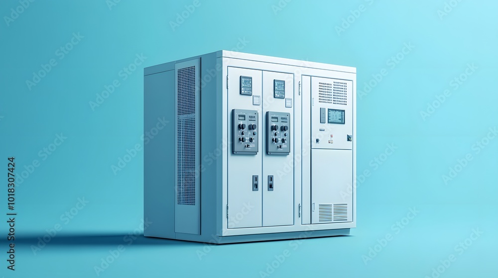 Industrial electrical equipment depicted in an isometric view, featuring a large white metal cabinet with compartments and ventilation slots, set against a light blue background. Industrial electrical equipment depicted in an isometric view, featuring a large white metal cabinet with compartments and ventilation slots, set against a light blue background.