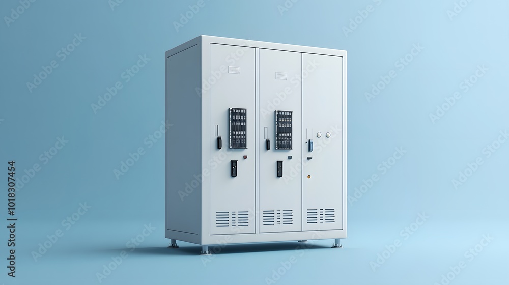 Industrial electrical equipment depicted in an isometric view, featuring a large white metal cabinet with compartments and ventilation slots, set against a light blue background. Industrial electrical equipment depicted in an isometric view, featuring a large white metal cabinet with compartments and ventilation slots, set against a light blue background.