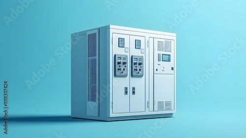 Industrial electrical equipment depicted in an isometric view, featuring a large white metal cabinet with compartments and ventilation slots, set against a light blue background.