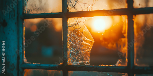 Golden Sunset View Through a Shattered Window