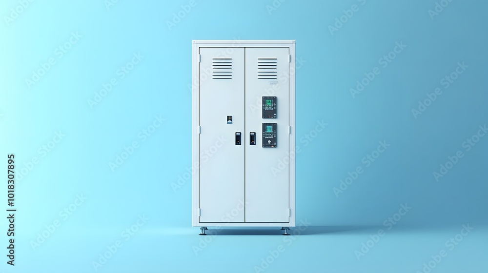 Industrial electrical equipment depicted in an isometric view, featuring a large white metal cabinet with compartments and ventilation slots, set against a light blue background. Industrial electrical equipment depicted in an isometric view, featuring a large white metal cabinet with compartments and ventilation slots, set against a light blue background.
