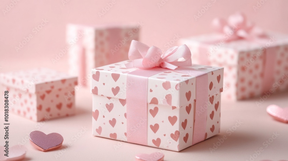 Pink Gift Boxes with Heart Pattern and Ribbon Pink Gift Boxes with Heart Pattern and Ribbon