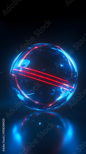 A glowing blue energy sphere with pink, red and purple highlights on a black background