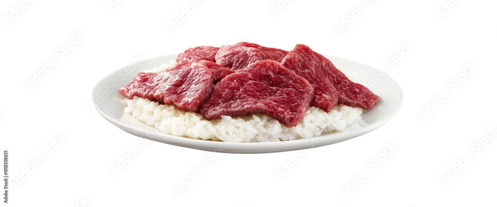 Obraz premium Beef and Rice Dish on a White Plate