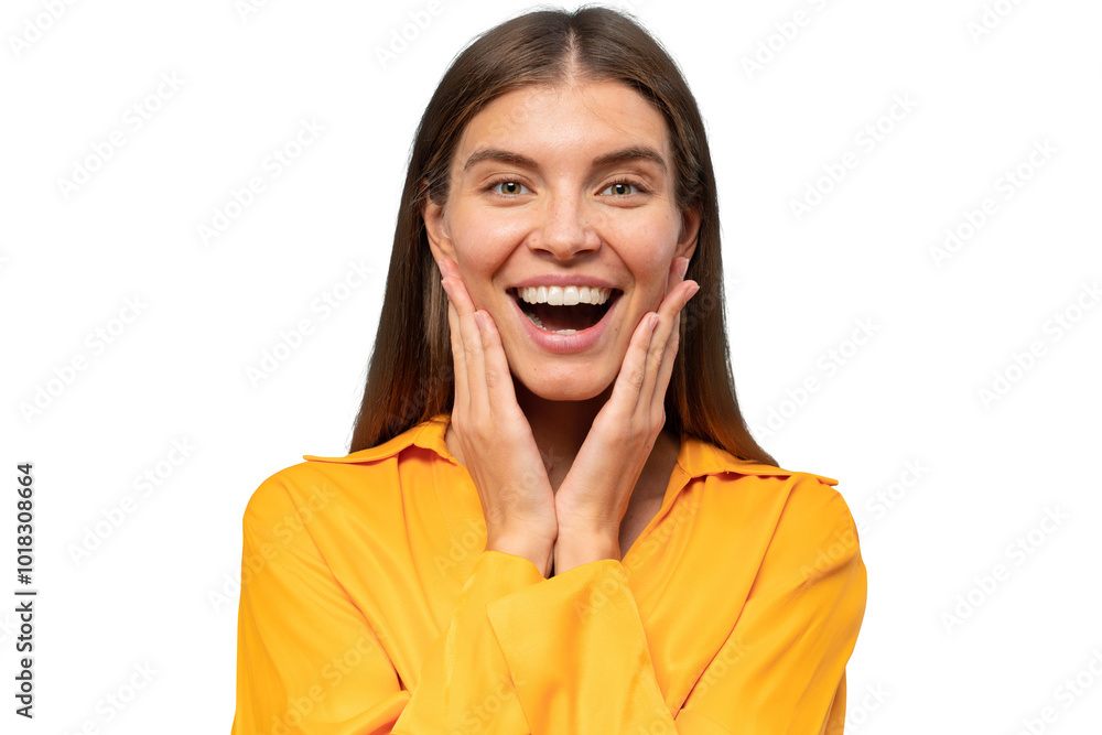 Excited woman in yellow blouse surprised after hearing unbelievable news Excited woman in yellow blouse surprised after hearing unbelievable news