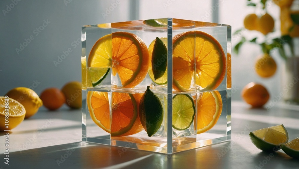 A futuristic translucent cube filled with slices of orange