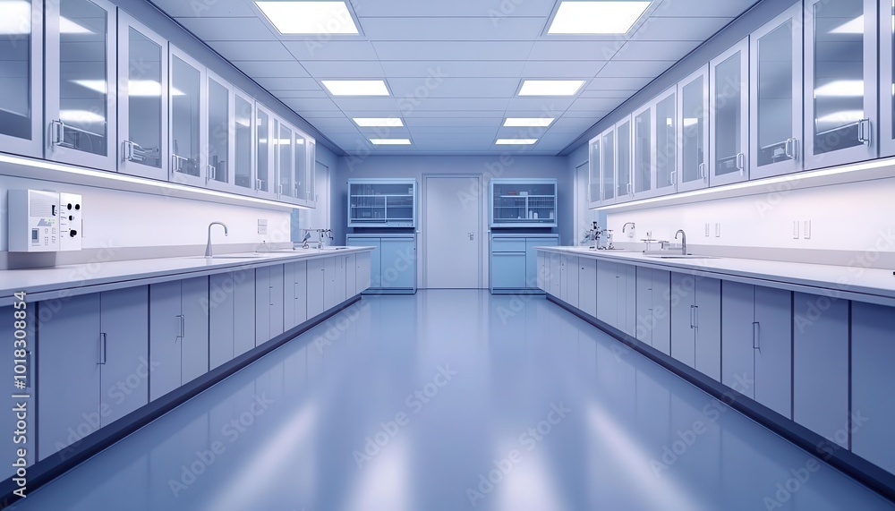 Modern laboratory interior with bright lighting and clean surfaces, featuring countertops with cabinets and sinks, designed for research and experiments. 3D illustration Modern laboratory interior with bright lighting and clean surfaces, featuring countertops with cabinets and sinks, designed for research and experiments. 3D illustration