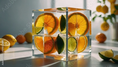 Obraz na płótnie A futuristic translucent cube filled with slices of orange w salonie