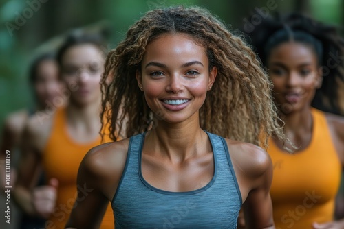 group of diverse individuals joyfully running together capturing the essence of fitness community and teamwork in an invigorating outdoor setting