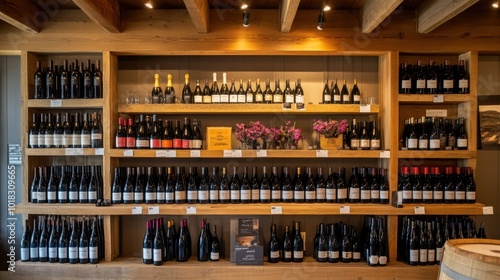 A well-organized display of various bottles of wine on wooden shelves in a wine store, offering a variety of choices in an elegant setting.