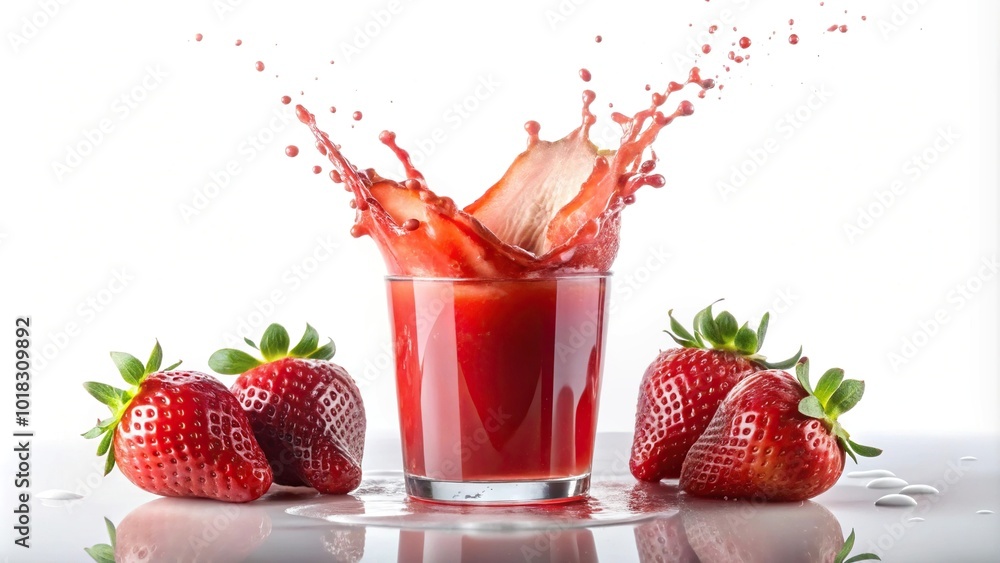 Fresh strawberry juice splashing in water with strawberries dropping in, on white background Fresh strawberry juice splashing in water with strawberries dropping in, on white background