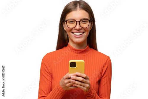 Woman in glasses posing, using phone laughing at memes in social media