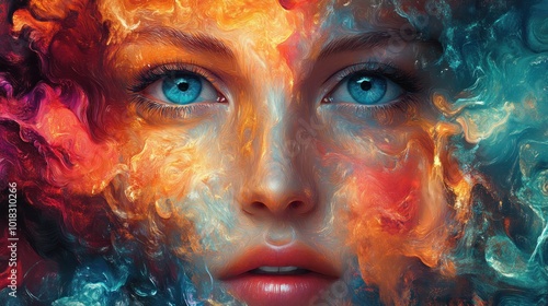 A woman's face emerges from a swirling, colorful abstract background, with a look of wonder or awe.