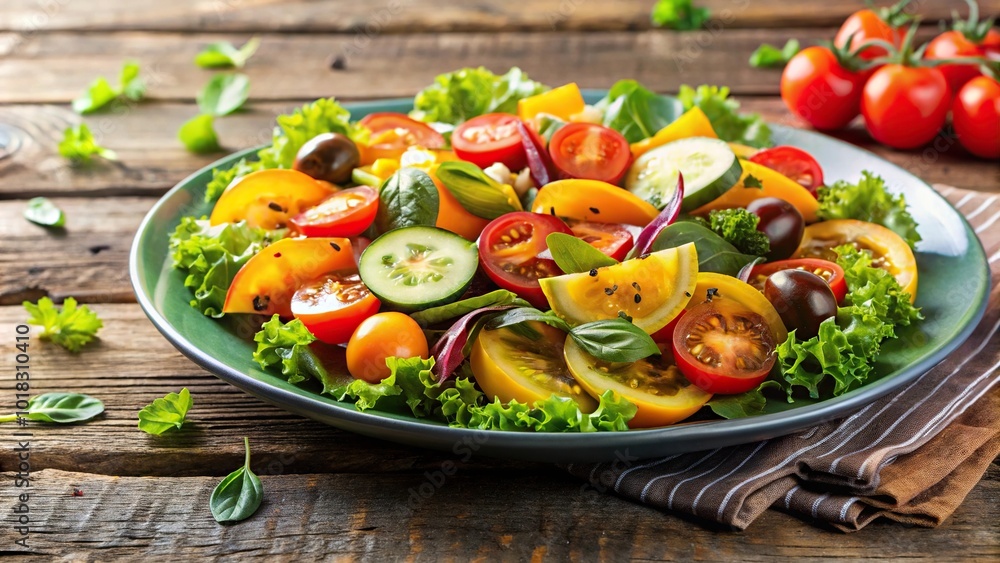 Fresh summer salad with tomatoes, squash, and greens on a wooden table extreme close-up Fresh summer salad with tomatoes, squash, and greens on a wooden table extreme close-up