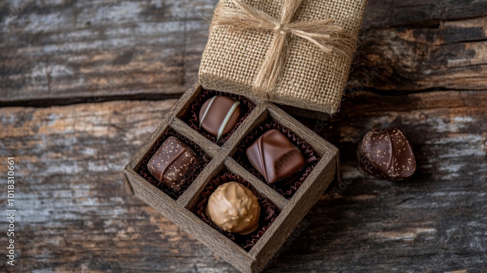 Wooden Box of Assorted Chocolates on Rustic Wood Wooden Box of Assorted Chocolates on Rustic Wood