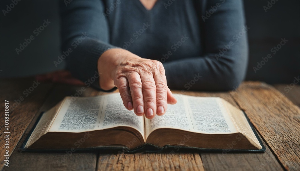 A middle-aged hand, palm down, placed softly on an open Bible on a plain wooden table. A middle-aged hand, palm down, placed softly on an open Bible on a plain wooden table.