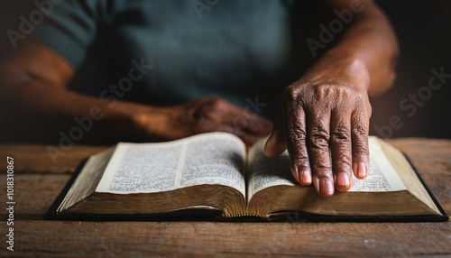 A middle-aged hand, palm down, placed softly on an open Bible on a plain wooden table.