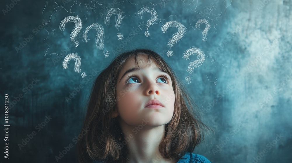 A young girl gazes up in thought, with hand-drawn question marks floating above her head, visualizing her confusion and doubt. A young girl gazes up in thought, with hand-drawn question marks floating above her head, visualizing her confusion and doubt.