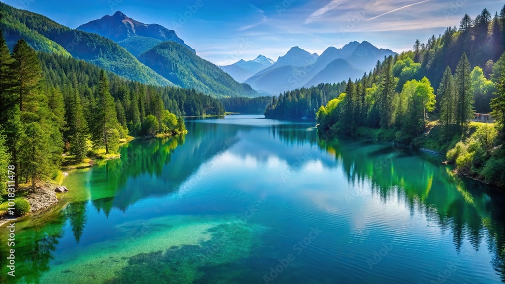 Mountain lake with clear blue water, lush green surroundings, misty morning light, high angle shot, serene environment Mountain lake with clear blue water, lush green surroundings, misty morning light, high angle shot, serene environment