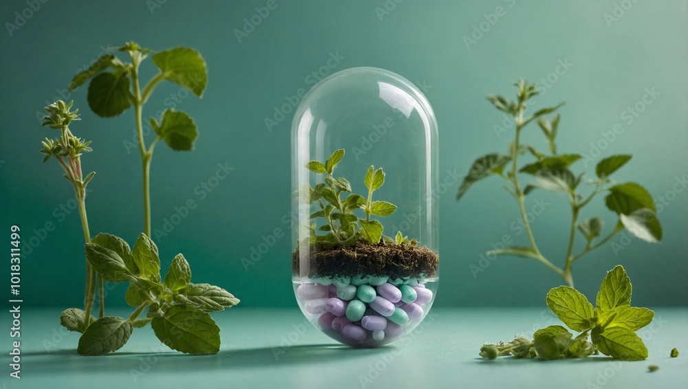 A large translucent pill capsule floating in midair