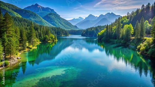 Mountain lake with clear blue water, lush green surroundings, misty morning light, high angle shot, serene environment