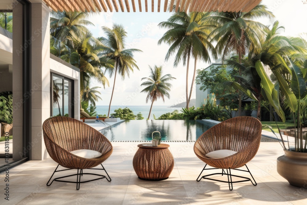 Fototapeta premium Outdoor Wicker Rattan Terrace Set with Chairs and Side Table by Pool, Palm Trees, White Wall Background