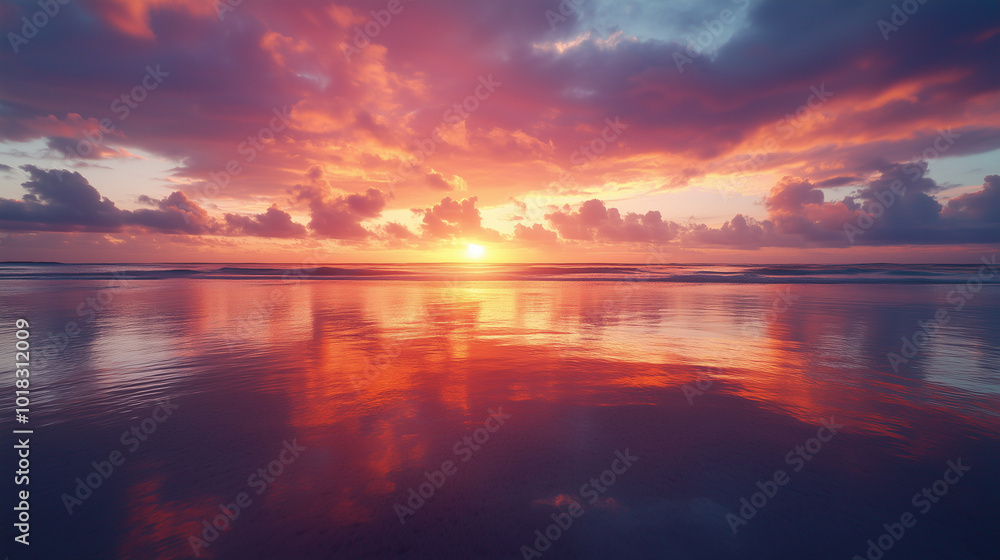Naklejka premium Dramatic Beach Sunset with Bold Clouds and Reflective Water Surface