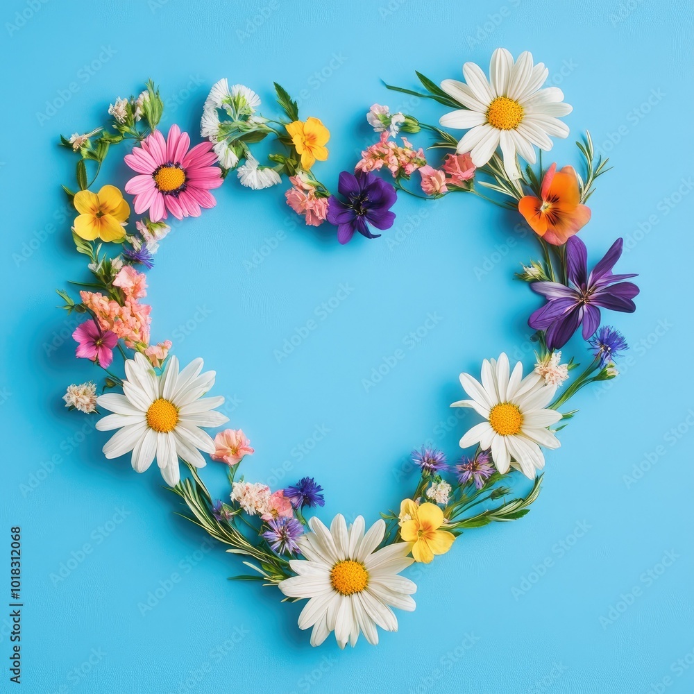 Love card with flowers around over a blue background Love card with flowers around over a blue background