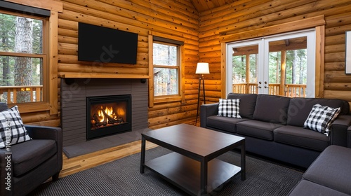 A cozy log cabin living room featuring a fireplace, comfortable seating, and large windows with forest views.