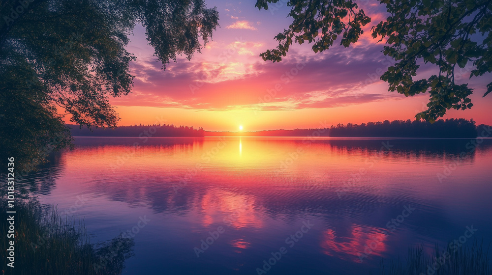 Purple and Pink Sunset Over Lake with Reflections and Trees Framing the View Purple and Pink Sunset Over Lake with Reflections and Trees Framing the View