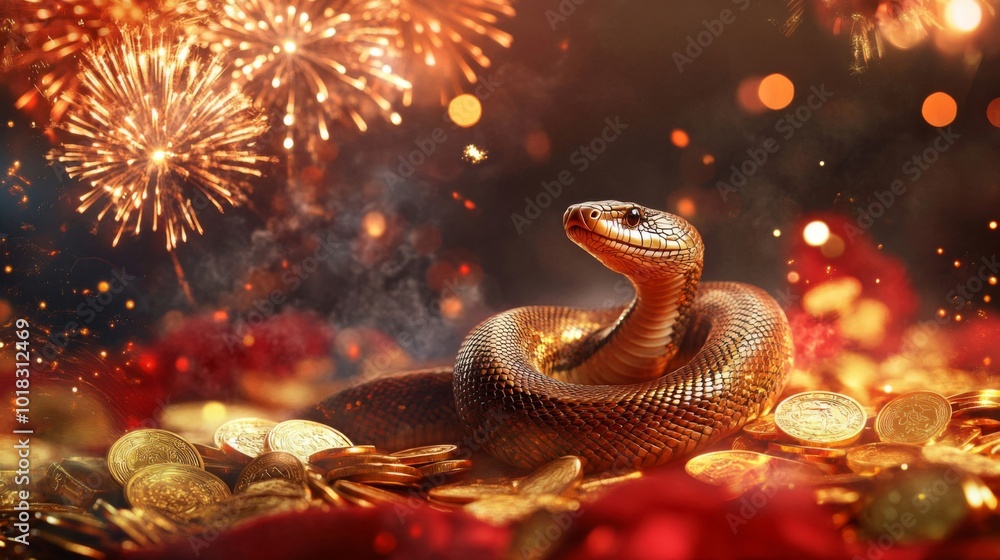 Fototapeta premium A Golden Snake Among Fireworks and Gold Coins