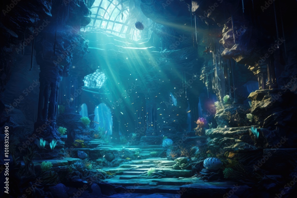 Enchanted Underwater Ruins with Sunlight Beams Enchanted Underwater Ruins with Sunlight Beams