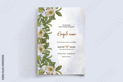 WEDDING INVITATION FRAME WITH FLOWER DECORATIONS WITH FRESH LEAVES 
