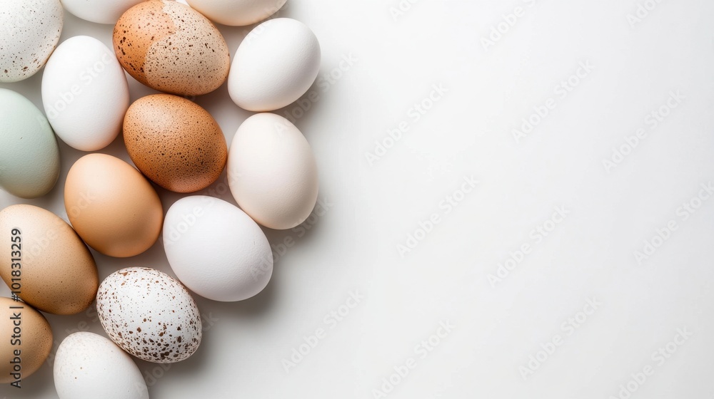 An assortment of farm-fresh chicken eggs on a white backdrop, creating a clean, modern farm production banner design. An assortment of farm-fresh chicken eggs on a white backdrop, creating a clean, modern farm production banner design.