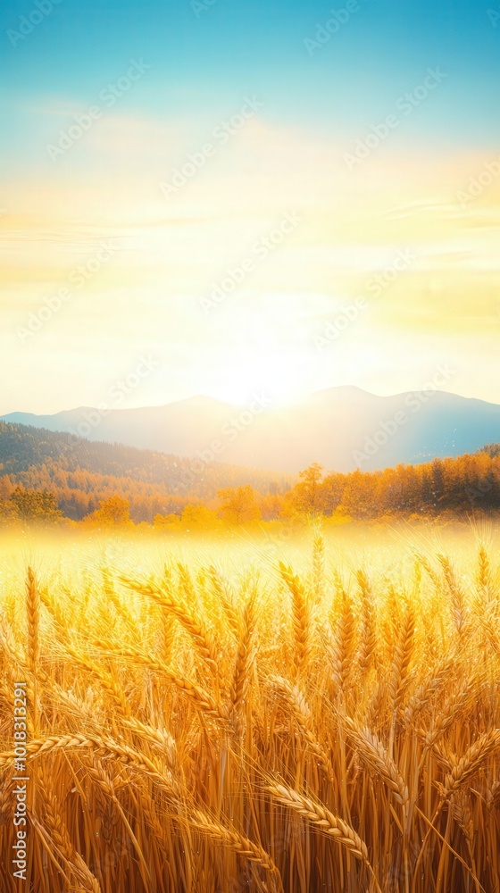 Autumn Serenity in Mountain Landscape, a captivating poster design featuring a misty mountain backdrop, delicate rain, golden wheat in the foreground, and soft sunlight illuminating the scene. Autumn Serenity in Mountain Landscape, a captivating poster design featuring a misty mountain backdrop, delicate rain, golden wheat in the foreground, and soft sunlight illuminating the scene.
