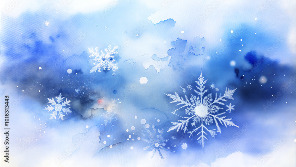 Magical winter sky with delicate snowflakes and stars in watercolor Magical winter sky with delicate snowflakes and stars in watercolor