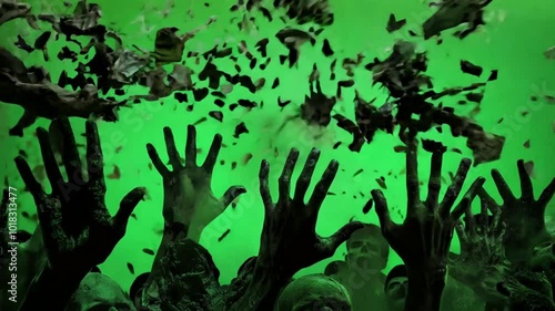 Zombie Apocalypse: A chilling image capturing the chaos and desperation of a zombie apocalypse. The image features a horde of undead hands reaching out from a green screen background.