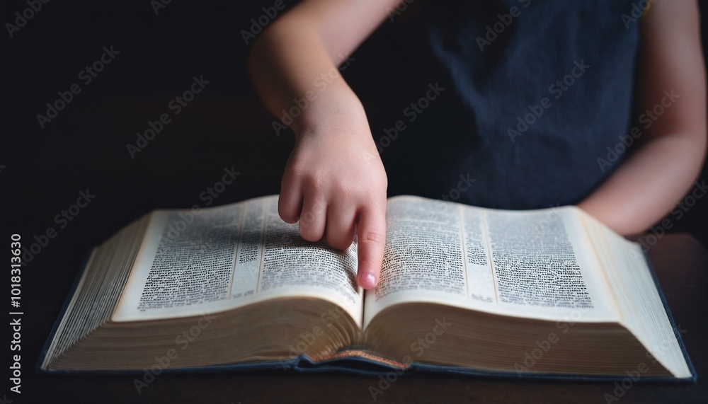 A child's small hand touching the center of an open Bible A child's small hand touching the center of an open Bible
