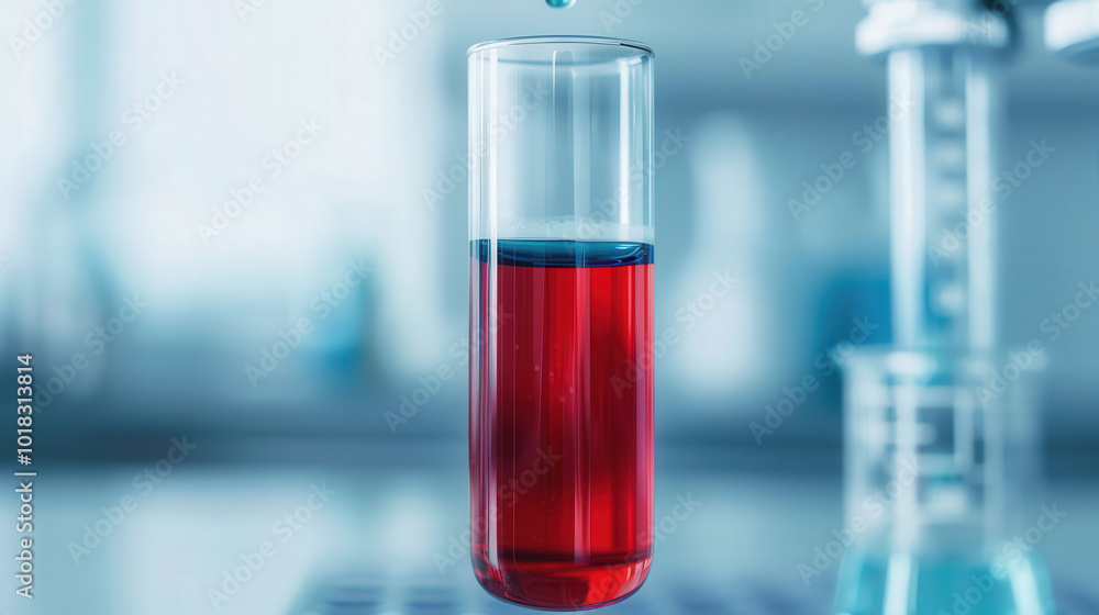 Layered liquid test tube, vibrant red and blue liquids, sophisticated laboratory setting, advanced chemical analysis, innovative scientific exploration, captivating visual contrast. Layered liquid test tube, vibrant red and blue liquids, sophisticated laboratory setting, advanced chemical analysis, innovative scientific exploration, captivating visual contrast.
