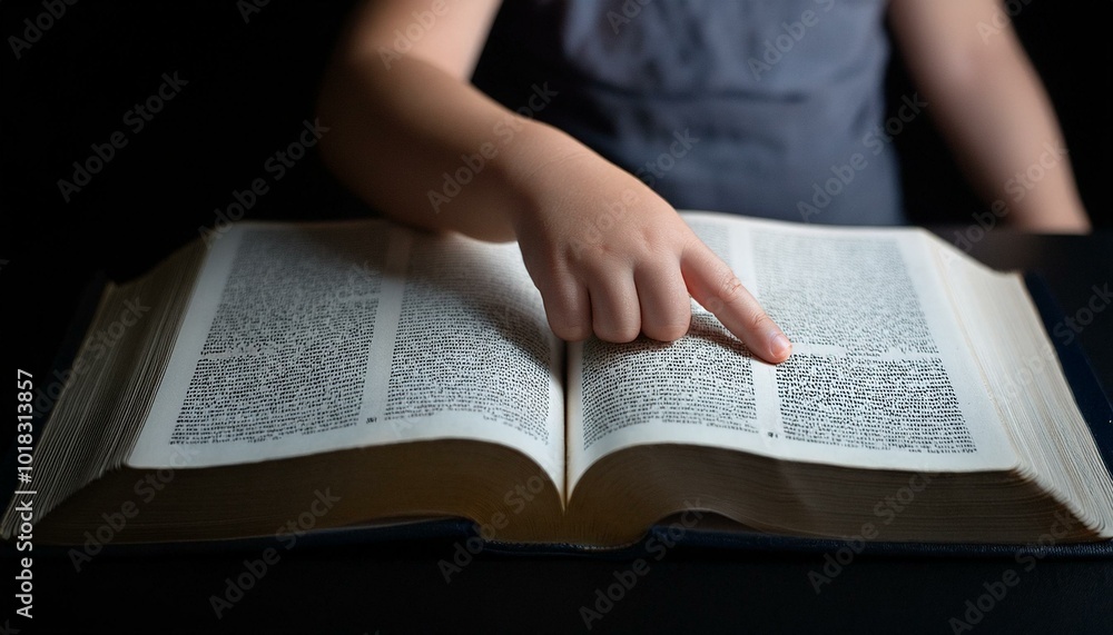 Fototapeta premium A child's small hand touching the center of an open Bible