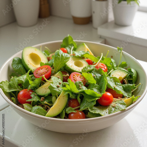 side view of vegetable salad of tomatoes and cucumbers in a plate on a white background, Al Generation