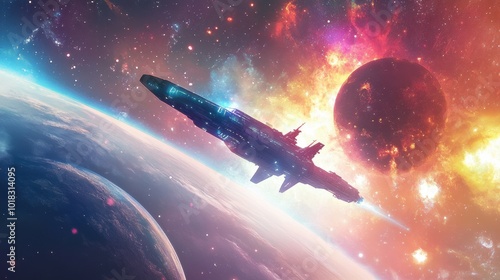 Wallpaper Mural An intergalactic scene showing a futuristic spaceship traveling past colorful planets, stars, and glowing galaxies in the distance. Torontodigital.ca