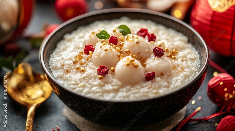A bowl of congee topped with lychees, gold sprinkles, and red flowers A bowl of congee topped with lychees, gold sprinkles, and red flowers